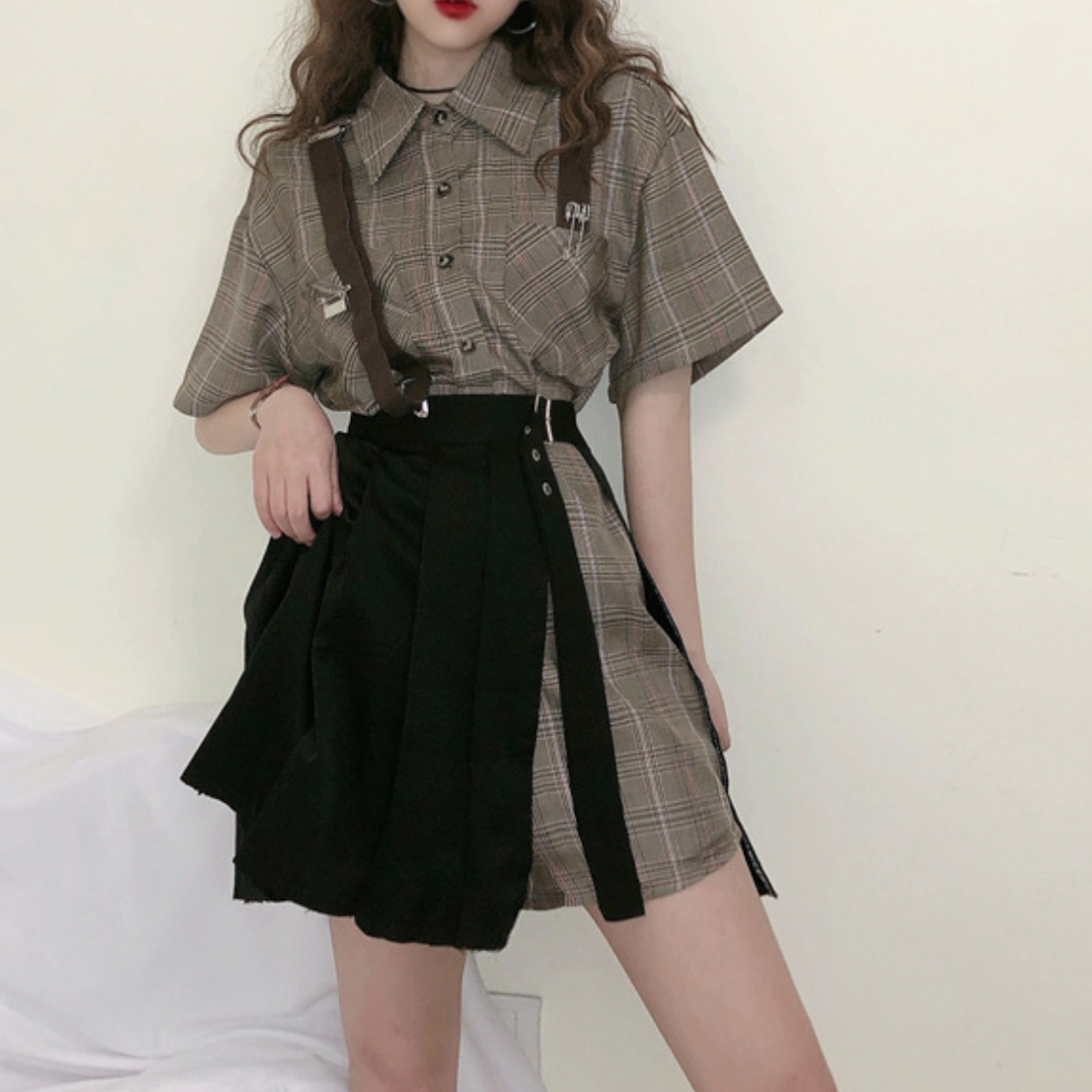 ワンショルダーサス付きスカートチェックシャツワンピセット 韓国ファッション通販 Nosweat