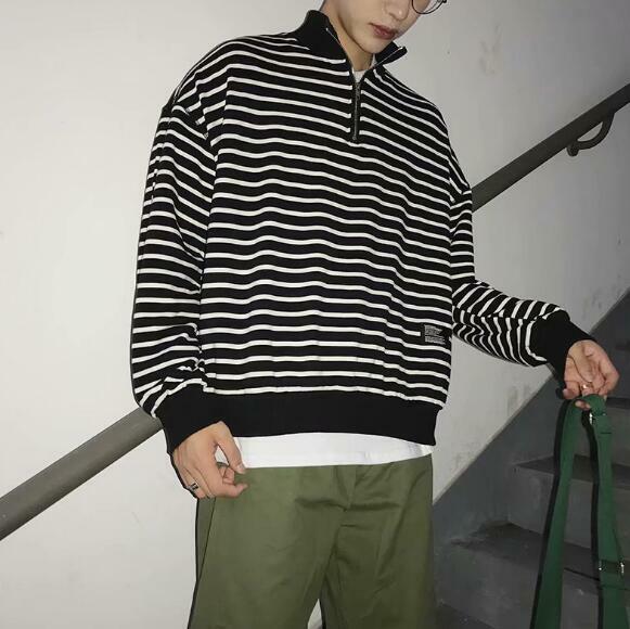 メンズシャツ ハイネック ボーダー柄 秋冬 ジップ付き 韓国風 ニット セーター インナー トップス Overwhelm