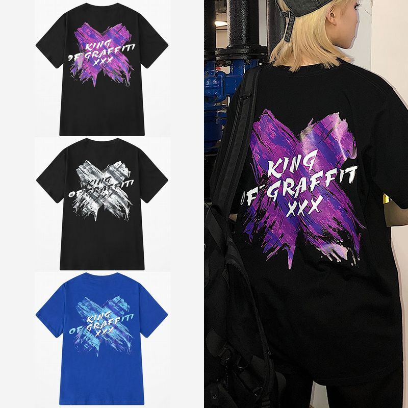 韓国ファッション Tシャツ ユニセックス 半袖 Tシャツ メンズ レディース ペイント風 × バツ プリント オーバーサイズ 大きいサイズ ルーズ ストリート