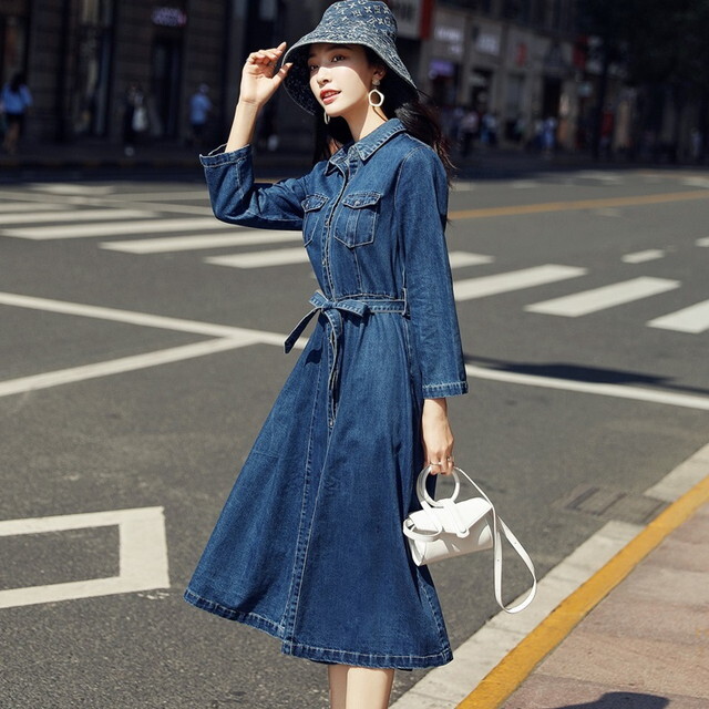 大きいサイズのレディース 秋新作 デニム ワンピース レディース デニム ワンピース ロング ミモレ丈 ワンピース 長袖ワンピース レディース ウエストリボン ワンピース ウエストマーク ワンピ 着やせワンピース ゆったりワンピース 体型カバー ワンピース P7005 Kirari