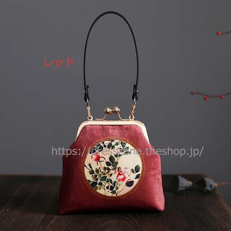 手作りバッグ パーティーバッグ 結婚式バッグ 手持ちショルダー クラッチバッグ チェーンバッグ 宴会 パーティー 二次会 女子会 レトロ チャイナドレス チャイナ風服 レッド 赤い ブラック 黒い プリント ベルベット Dresszone