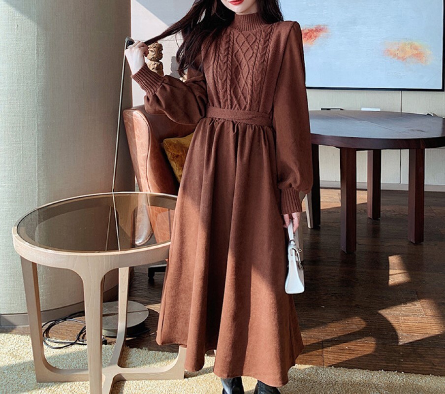 レディース コーデュロイワンピース ニットワンピース ニット コーデュロイ 切り替え 大きいサイズ ロングワンピース ロング丈 秋 冬 カジュアル デート 女子会 忘年会 新年会 ボリューム袖 ボリュームスリーブ Ichain