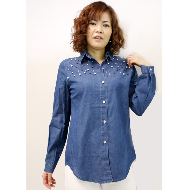 パールビーズがかわいい♪デニムシャツインディゴブルー 50代 60代 70代 ファッション / シニアファッション / ミセスファッション