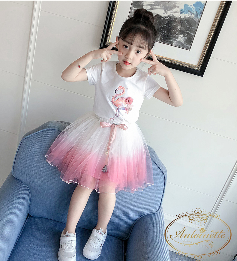 女の子 子供服 可愛い セットアップ スカート チュニック Tシャツ グラデーション 韓国 子供 フラミンゴ Antoinette
