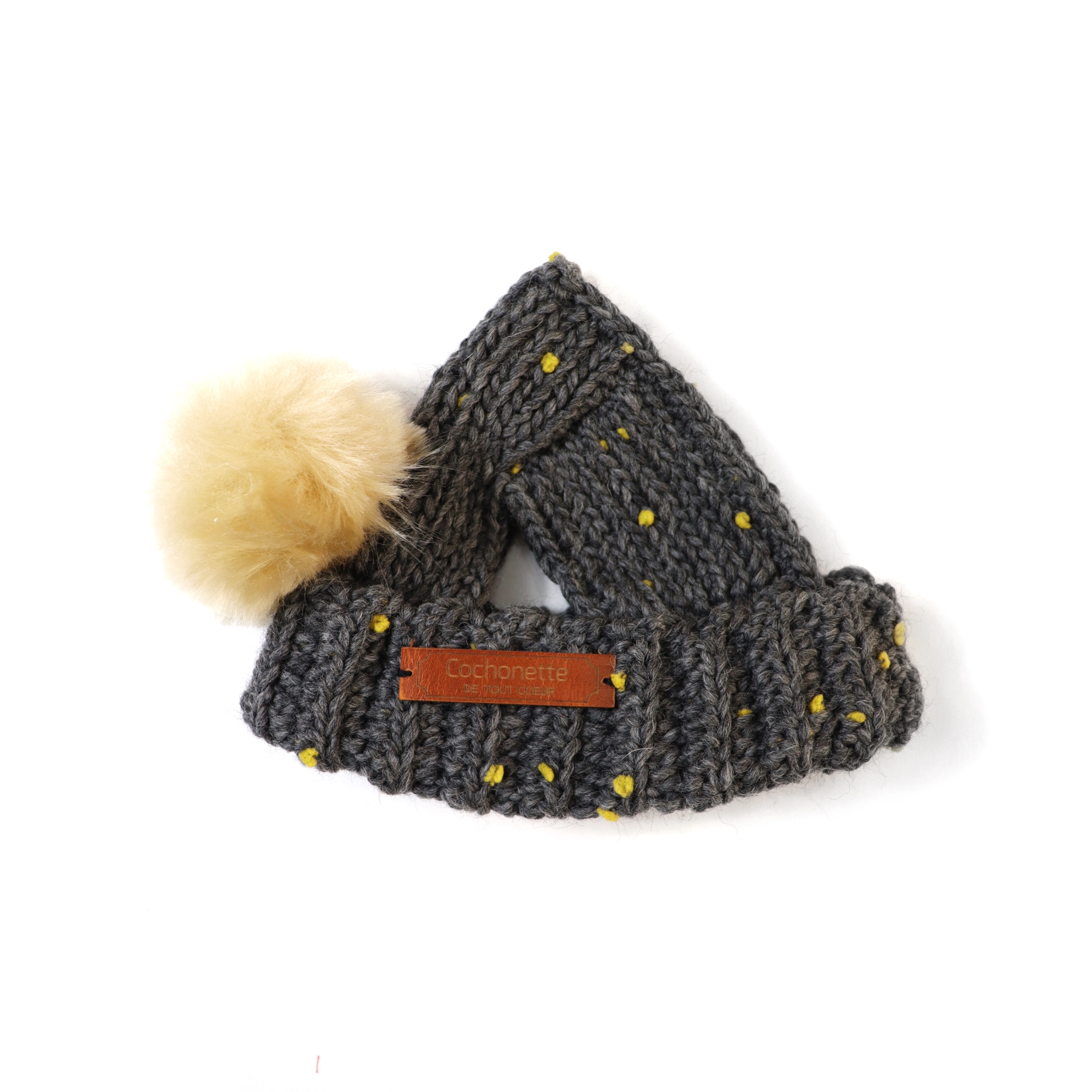 ランダムドットのファーポンポンニット帽 ダークグレー Cochonette Dog Wear Creator