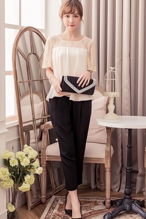 初回特典付 レース トップス パンツ セットアップ ツーピース 上下セット 2点セット 上品 大人レディ パンツドレス シフォン 無地 バイカラー 代引き手数料無料 Www Centrodeladultomayor Com Uy