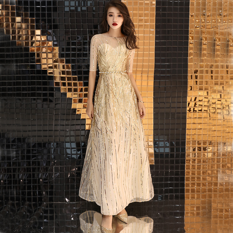 パーテイードレス 五分袖 着痩せ ワンピース 大きいサイズ ゴールド 二次会 お呼ばれ 演奏会 発表会 花嫁 Xs S M L 2l 3l Dresszone