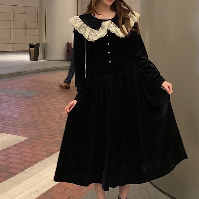 ワンピース 襟付き 長袖 フロントボタン ミモレ丈 ロング丈 ロングワンピース Aライン フレンチレトロ レトロ クラシカル フェミニン ガーリー 大人ガーリー カジュアル 大人カジュアル 秋冬 Op 0374 Y Happy Orurea ハッピーオルレア