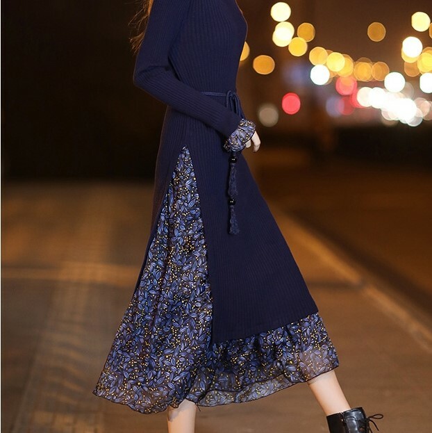 花柄 シフォン スリット ニット ワンピース ミモレ丈 スリム キレイめ フェミニン レディー 秋 冬 ファッション Sheratan アラサーol 通勤 女子会ファッション専門店