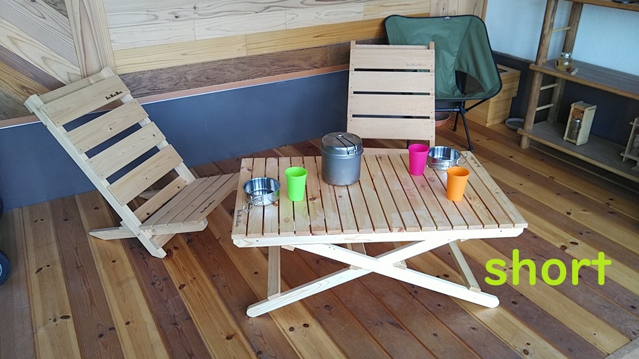 キャンプ用折りたたみテーブル 天然木 セット ショートサイズとロングサイズ2種 Biko Wood Works 木製家具 雑貨