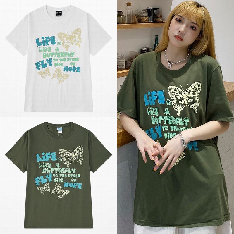 韓国ファッション Tシャツ ユニセックス Tシャツ 半袖 メンズ レディース ラウンドネック 英字 バタフライ 蝶 プリント オーバーサイズ 大きいサイズ ルーズ ストリート