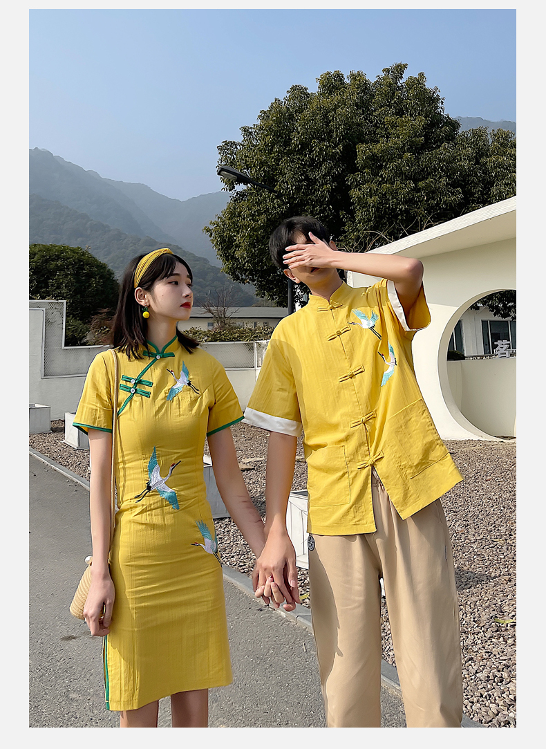 鶴 チャイナドレス ワンピース 0916 メンズチャイナシャツ チャイナ服 カップル ペアルック リンクコーデ カジュアル お揃い デート 夫婦 親子 カップルのリンクコーデ専門店 Pair Cele ペアセレ