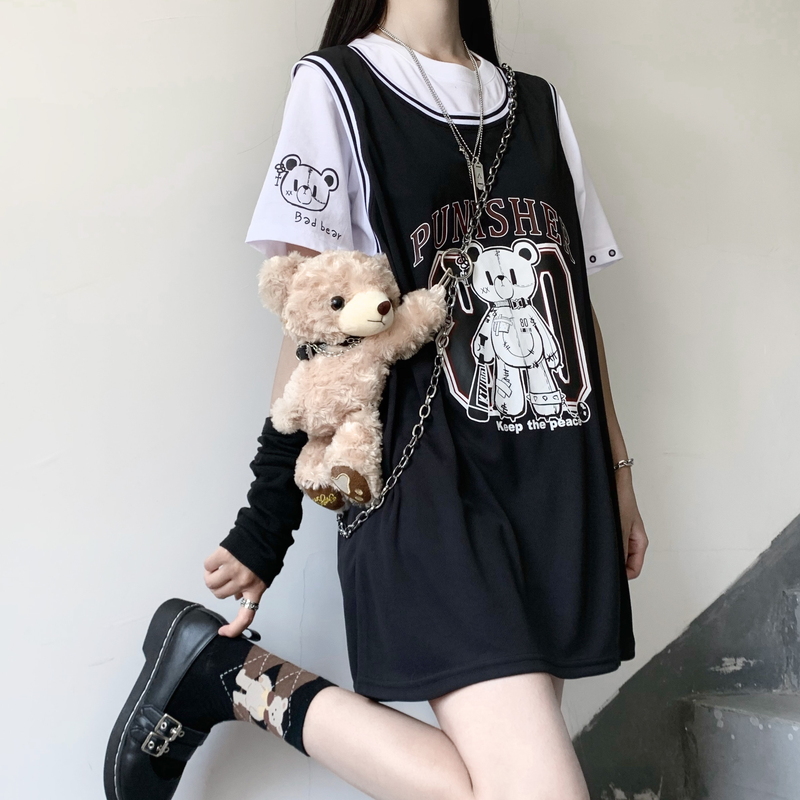 ゴスロリ系 サマー ベスト CRAZYGIRL 病み可愛い bad bear オリジナルデザイン 黒 黄 青 ロリィタ 原宿系10代 20代