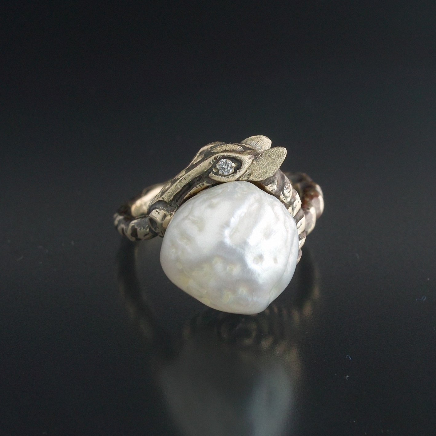 妖怪ジュエリー 馬リング 『 さがり 』 K10YG*南洋真珠*ダイヤモンド