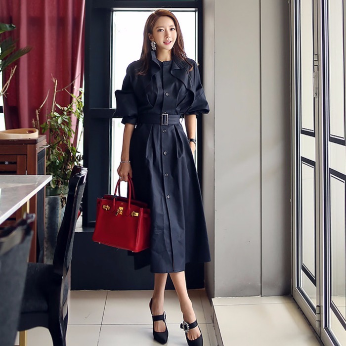 ワンピース トレンチ風ワンピース ロング丈 スタンドカラー 無地 ウェストリボン ウェストマーク きれいめ エレガント 通勤 オフィス レディース Life For Free
