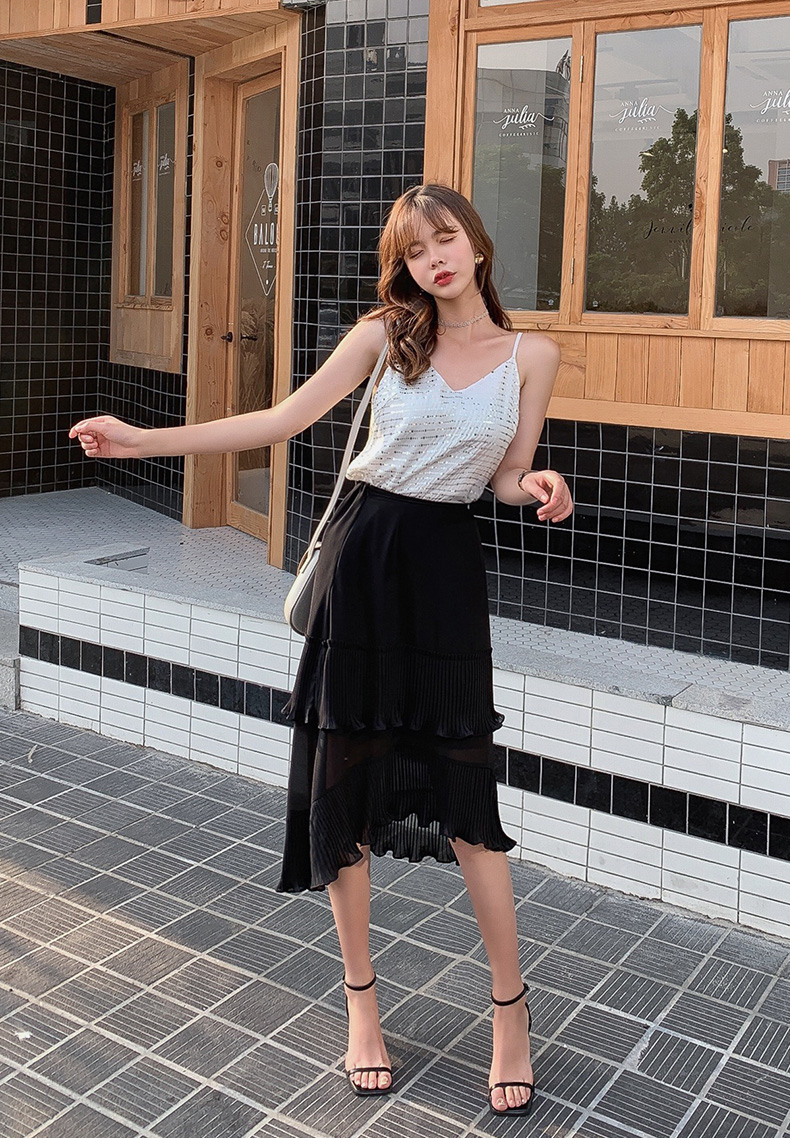 スカート レディース ボトムス ミモレ丈 膝丈 シフォン プリーツ アシンメトリー 春 夏 10代 代 30代 40代 ブラック 黒 無地 韓国 おしゃれ かわいい スカート コーデ イレギュラーヘム 大きいサイズ Xl 2xl フリル ふんわり 軽やか とろみ感 こなれ感 ハイウエスト