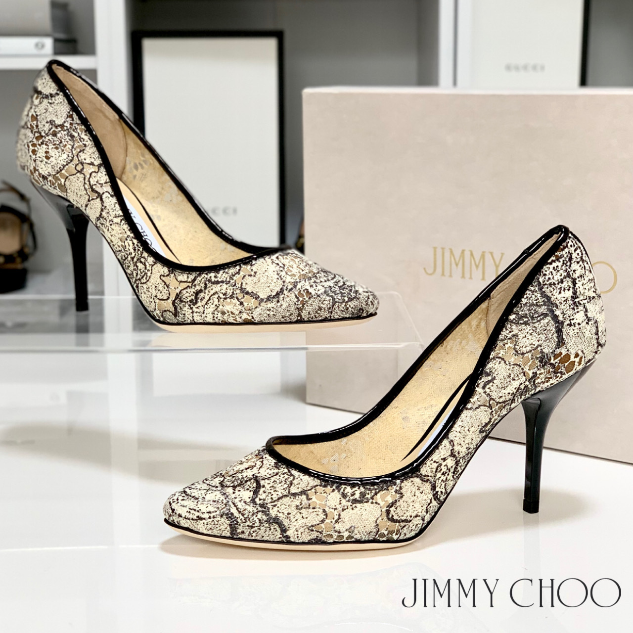 1917 美品 ジミーチュウ レース パンプス 黒 白 Mycloset