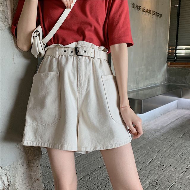ハイウエストフレアショートパンツ ボトムス レディース パンツ デニム ショートパンツ ハイウエスト ポケット シンプル カジュアル 大人カジュアル 夏 春 Pn 0180 Y Hapi Hapi Girl ハピ ガル