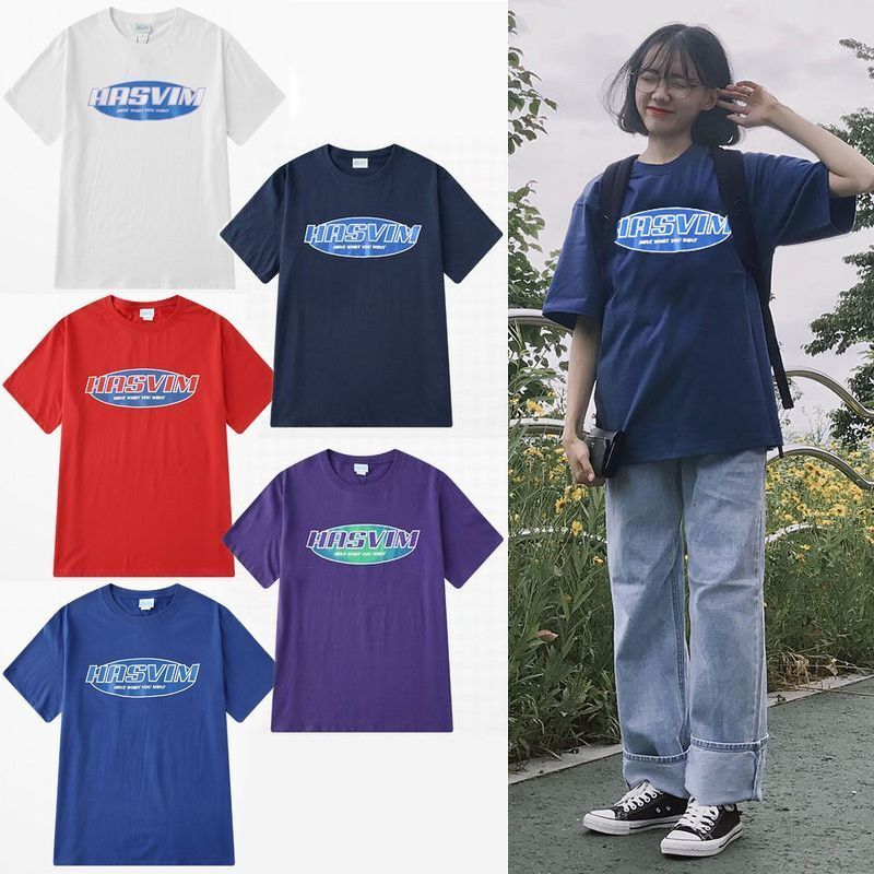 韓国ファッション Tシャツ ユニセックス 半袖 Tシャツ メンズ レディース シンプル HASVIM 英字 プリント オーバーサイズ 大きいサイズ ルーズ ストリート