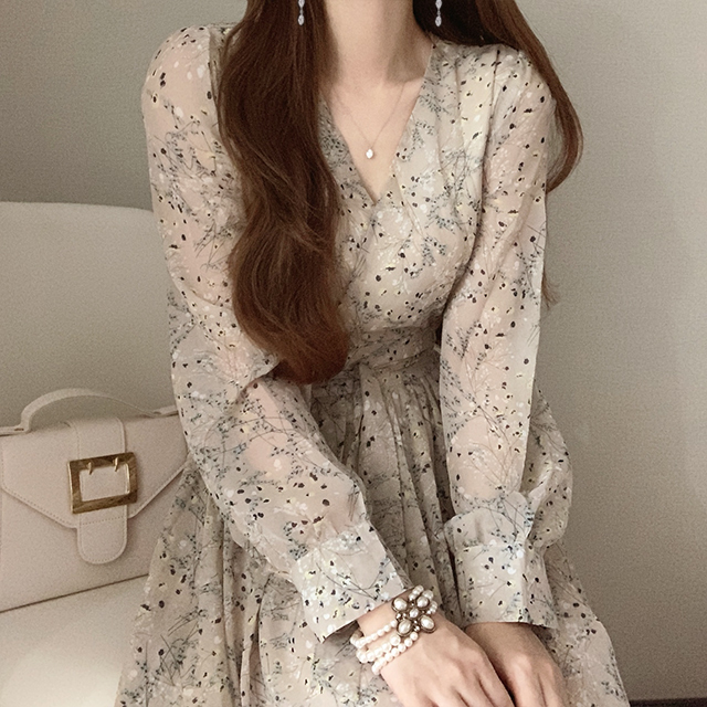 レディース ワンピース ロング ロング丈 長袖 Vネック スリム Aライン シフォン リボン