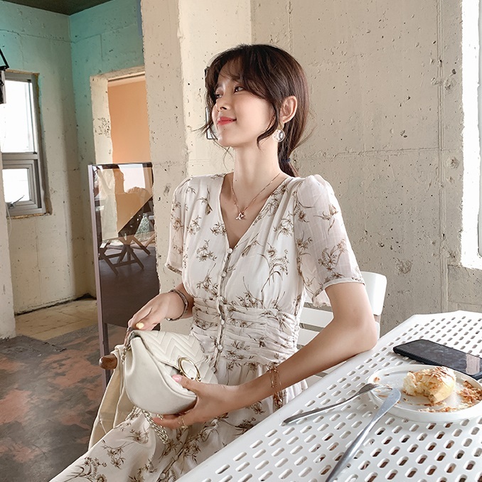 送料無料 ワンピース ロング丈ワンピ 花柄 半袖 ウエストマーク フロントボタン フレア ガーリー フェミニン デート お出かけ デイリー Eine Katze