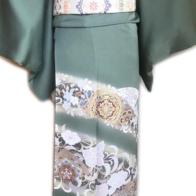 レンタル色留袖■緑青色地に金彩と薄紫色等で唐花柄■irotome8【往復送料無料】 - 画像1