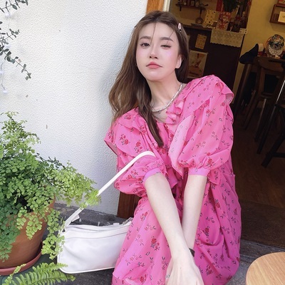 ワンピース Aライン フリーサイズ ワンサイズ ゆったり 体型カバー ピンク 花柄 フラワー フェミニン レトロ ガーリー パフスリーブ フリル プチプラレディースファッション通販 Yboueki