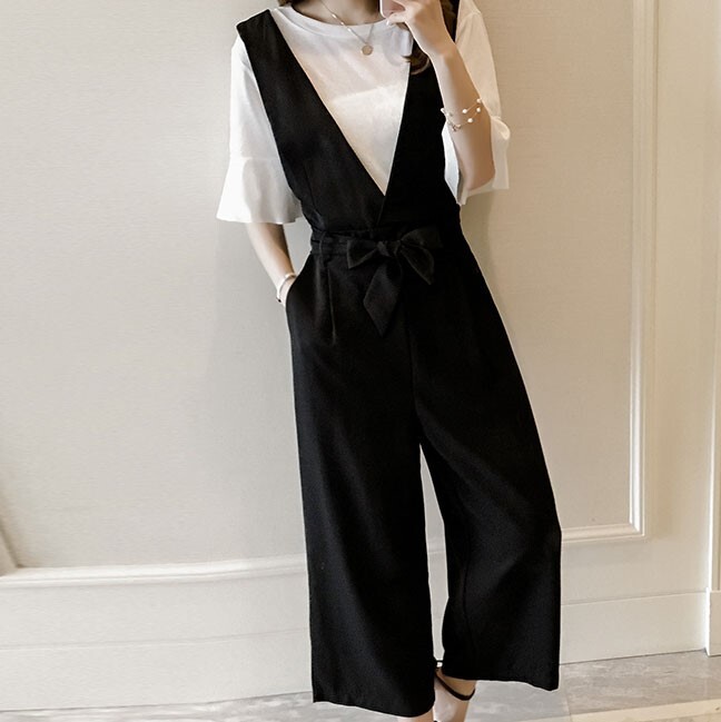 送料無料 オールインワン ワイドレッグ サロペット ワイドパンツ ウエストリボン 春服 春 着回し 着痩せ 韓国 ブラック ハイウエスト デート 女子会 合コン おしゃれ 大人 きれいめ Ai 1kj Imagibune