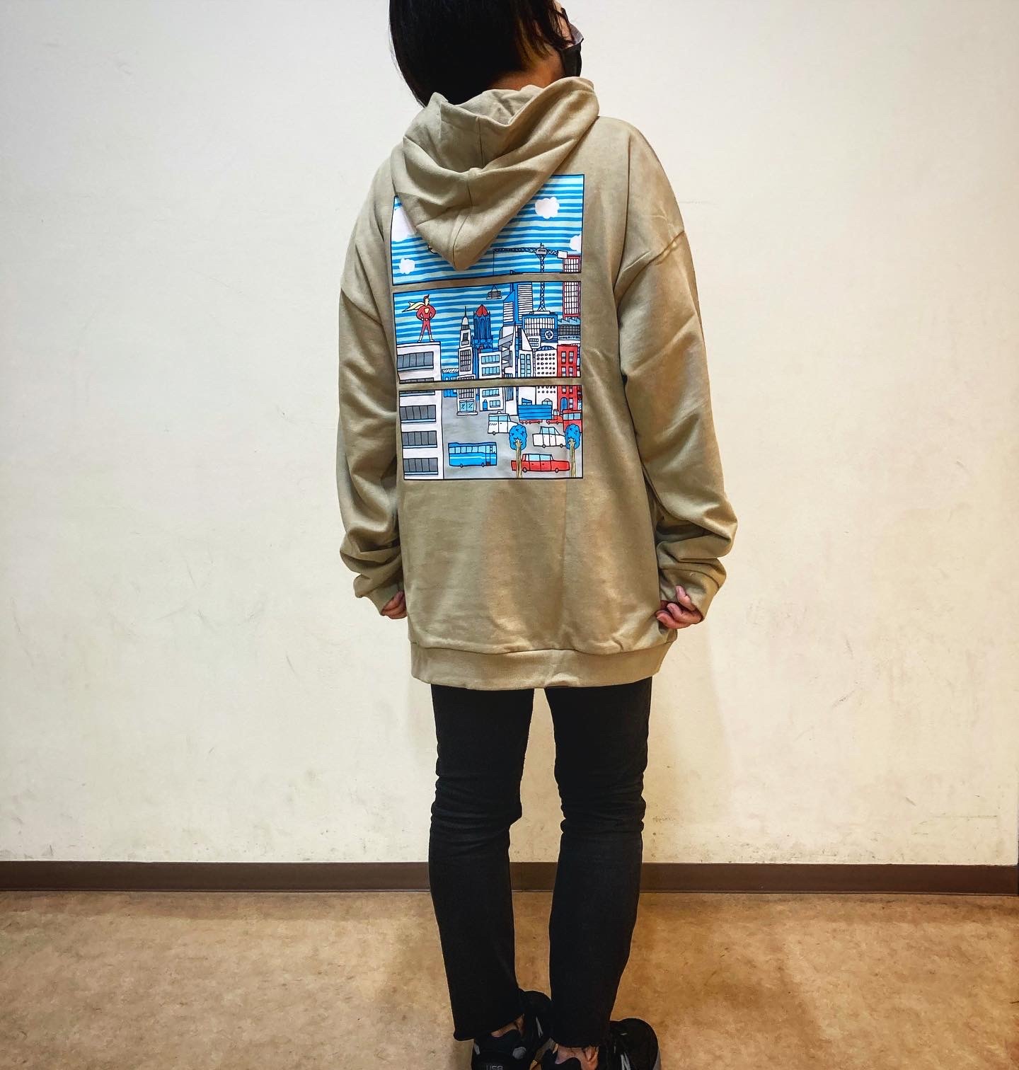 21 春 新作 風船 街並 ロゴ デザイン フード ビックシルエット パーカー メンズ レディース ユニセックス イラスト ストリート トレンド ファッション Ruhm