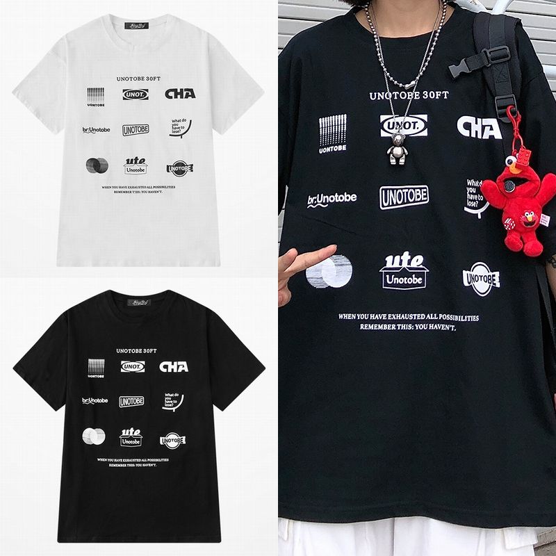 韓国ファッション Tシャツ ユニセックス Tシャツ 半袖 メンズ レディース ラウンドネック シンプル プリント オーバーサイズ 大きいサイズ ルーズ ストリート