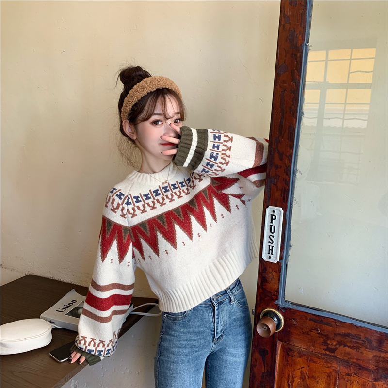 ノルディック柄ショート丈ニット セーター トレンド トップス ゆったり ボリューム袖 秋冬 A W レディース 2色 Macaron ノルディック柄ショート丈ニット セーター トレンド トップス ゆったり ボリューム袖 秋冬 A W レディース 2色 Macaron