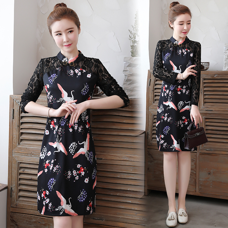 チャイナ風ワンピース チェック柄ワンピース 改良型チャイナドレス チャイナ風服 チャイナボタン スタンドネック 七分袖 膝丈 女子会 同窓会 大きいサイズ M L Ll 3l 4l 5l ブラック 黒い レース Dresszone