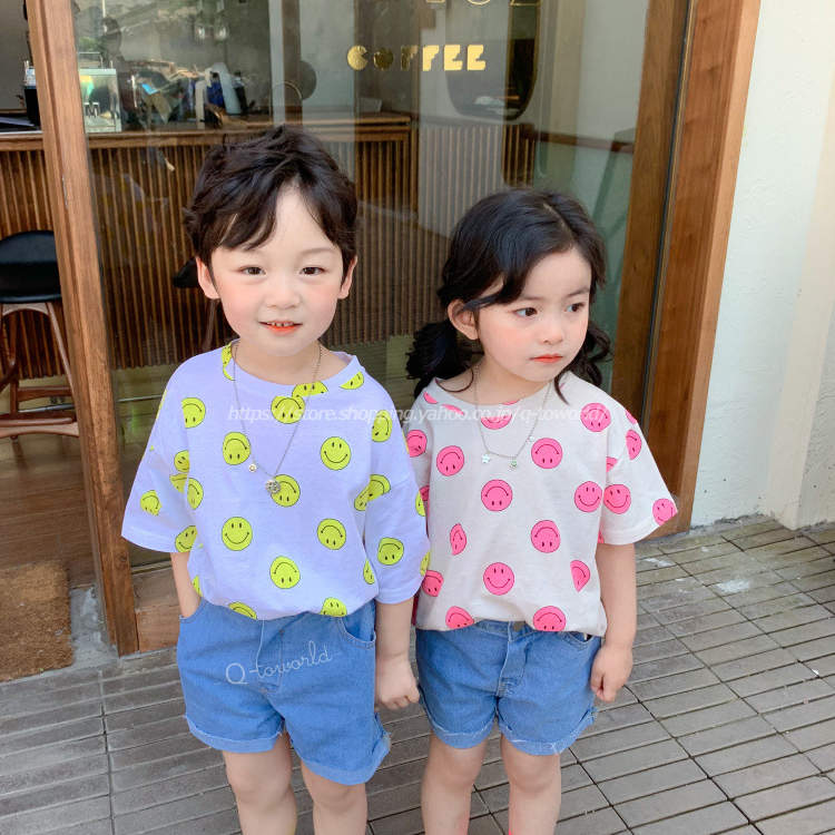 80 130 トップス Tシャツ ゆったり 笑顔 全2色 女の子 男の子 韓国版 韓国子供服 キッズ 子供服 Q Toworld キュートワールド 子供服 メール便は何点でも送料の合計は280円