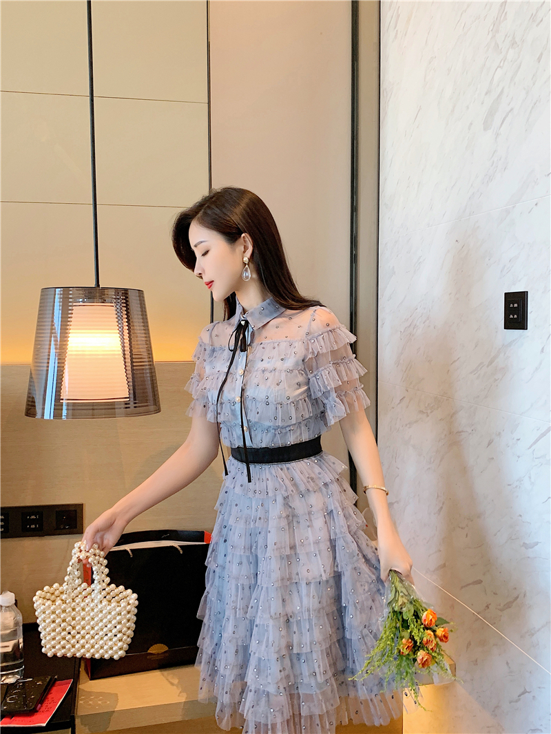 予約 水色フレアレースワンピース Mapretty