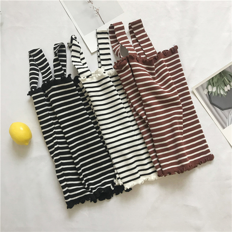 ストライプ柄フリルニットタンクトップ ボーダー トップス インナー ベアトップ シンプル 可愛い レディース 3色 Macaron