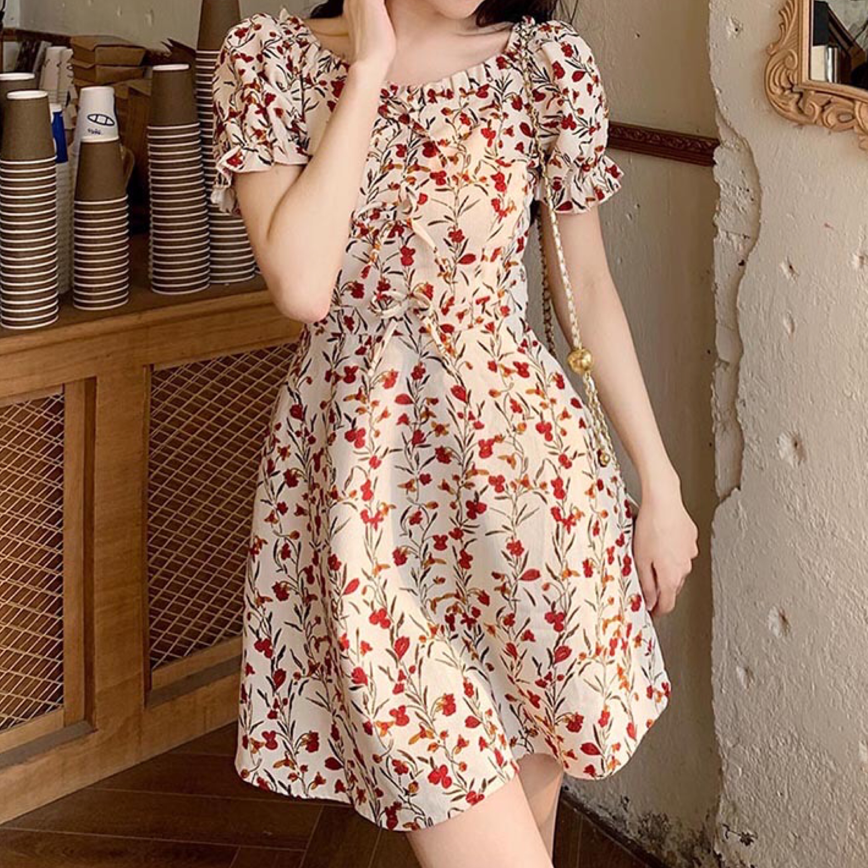フレンチガーリー 花柄パフスリーブワンピース B0485 Retro N フレンチガーリー 花柄パフスリーブワンピース B0485 Retro N