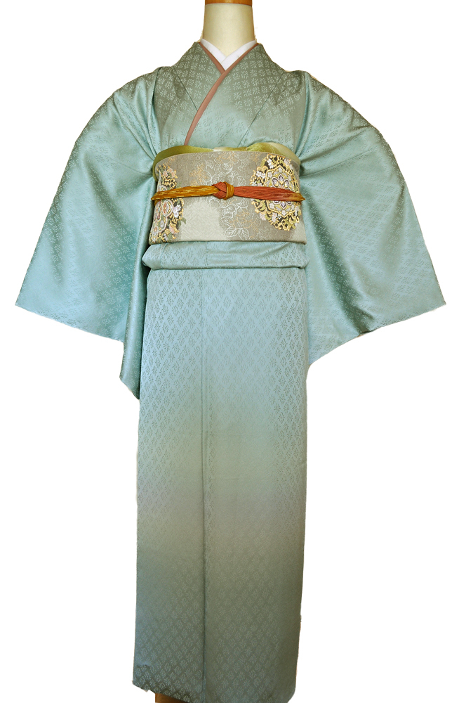 ワイドサイズ(トール&ワイド)■訪問着レンタル■薄萌黄綸子に橙色等の段暈しhuwide8〔往復送料無料〕 - 画像4