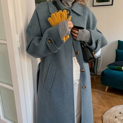 アウター コート ナチュラル ブルー 青 くすみカラー ロングコート ウール 体型カバー レトロ ベルト ウエストマーク カジュアル プチプラレディースファッション通販 Yboueki