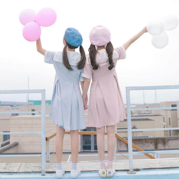 双子コーデ セーラー服 ワンピース ピンク ブルー かわいい 韓国ファッション ラブリー Sweetly