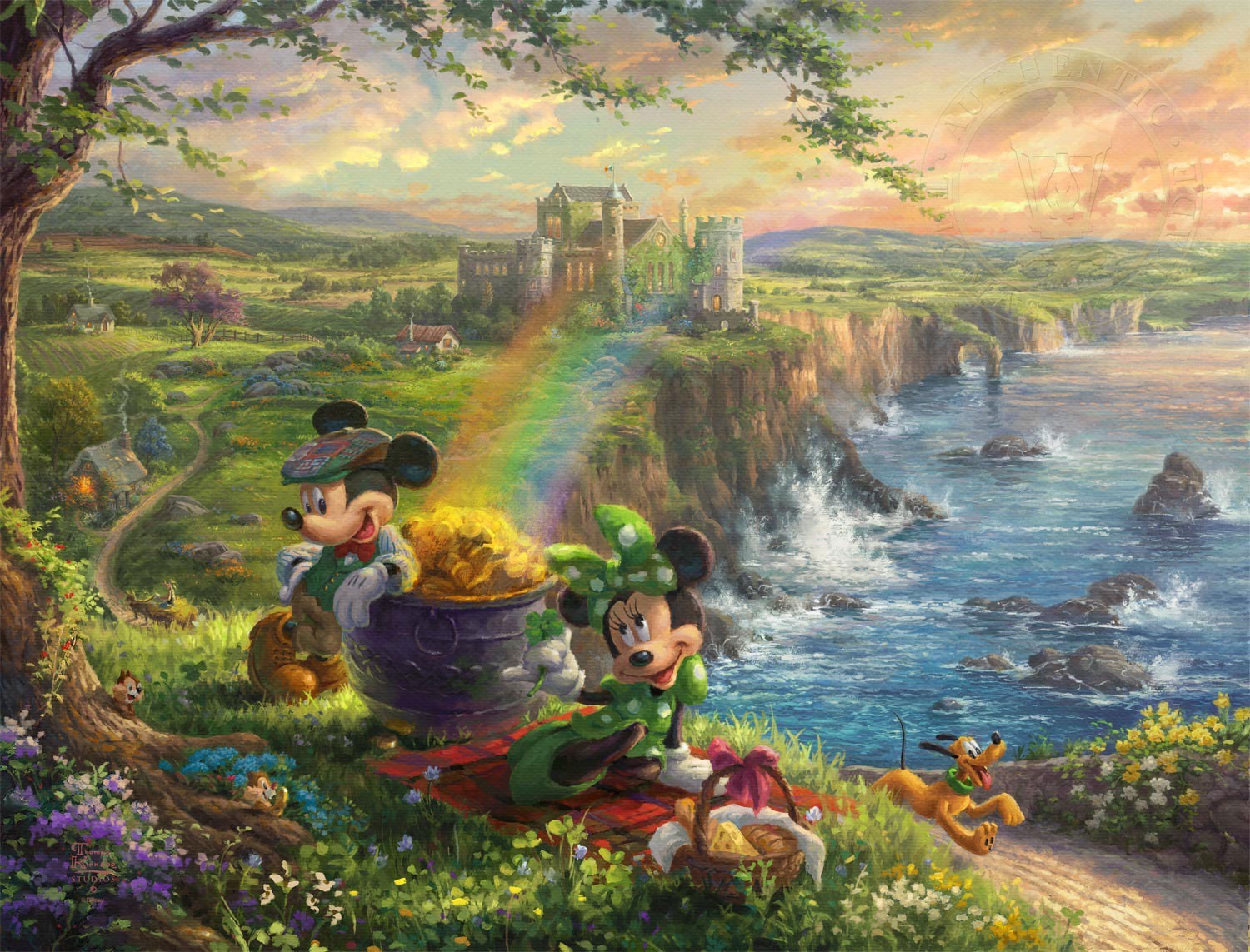 ディズニー絵画「ミッキー&amp;ミニー/イン・アイルランド」作品証明書・展示用フック付ジークレ【インテリア】【アート】【Disney】【絵画