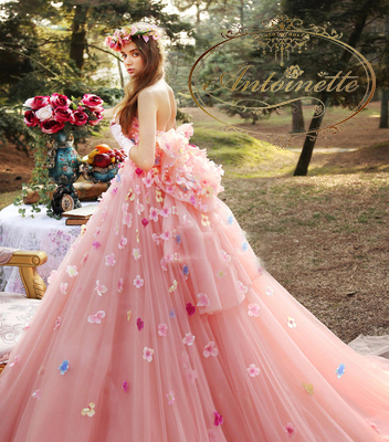 花柄 ゴージャス Aラインドレス 華やか 可愛い ピンク ウェディングドレス ドレス 結婚式 二次会 花嫁 カラードレス ウエディング ブライダル 大きいサイズ Antoinette