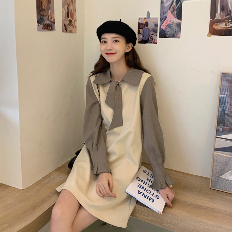 送料無料 ワンピース ミニ丈 ショート丈 フェイクデザイン レイヤード風 重ね着風 長袖 襟付き Iライン ボウタイ リボンタイ レトロ ガーリー クラシカル 大人可愛い 大人カジュアル 韓国ファッション オルチャン 秋冬 デート 女子会 原宿系 お出かけ 通学 学生 Eine Katze