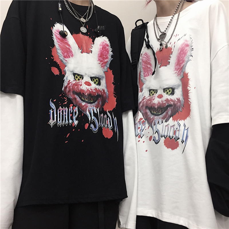 韓国ファッション ロングTシャツ ユニセックス Tシャツ 長袖 メンズ レディース フェイクレイヤード ダーク系 血まみれウサギ プリント ロンT オーバーサイズ 大きいサイズ ストリート