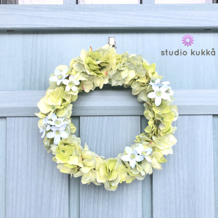 送料無料 受注製作 直径cm グリーングラデーションアジサイとブルースターのリース 春 夏 初夏 スプリング Studio Kukka スタジオクッカ