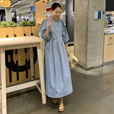 ボリューム袖 ロングワンピース 袖あり 5分袖 ギャザースカート パフスリーブ ナチュラル 無地 リラックス かわいい カジュアル 秋 春 夏 ルームウェア 楽ちん ゆったり プチプラレディースファッション通販 Yboueki