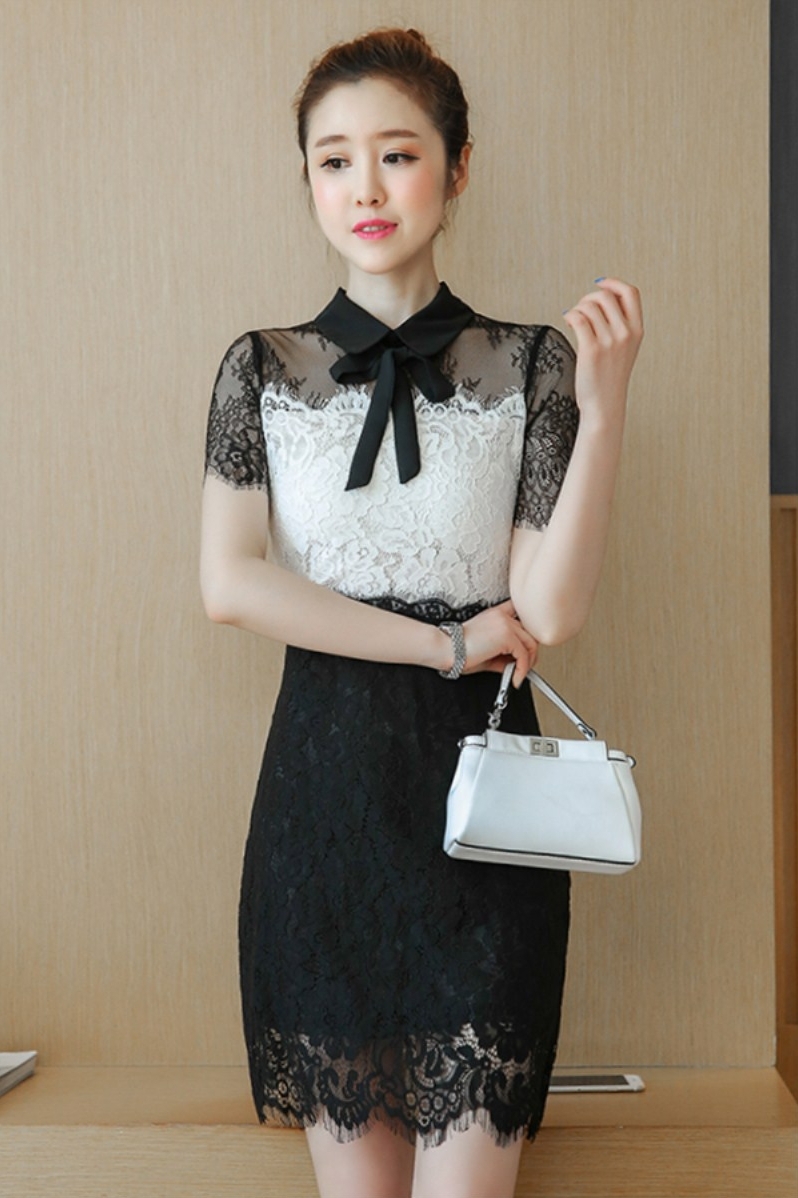 リボン レース バイカラー 韓国 ワンピース オルチャン ワンピース 膝丈 ワンピース Xxl きれいめ 膝丈 清楚 大人 パーティー キャバドレス C097 Ayaland Dress 韓国 オルチャン ドレスショップ