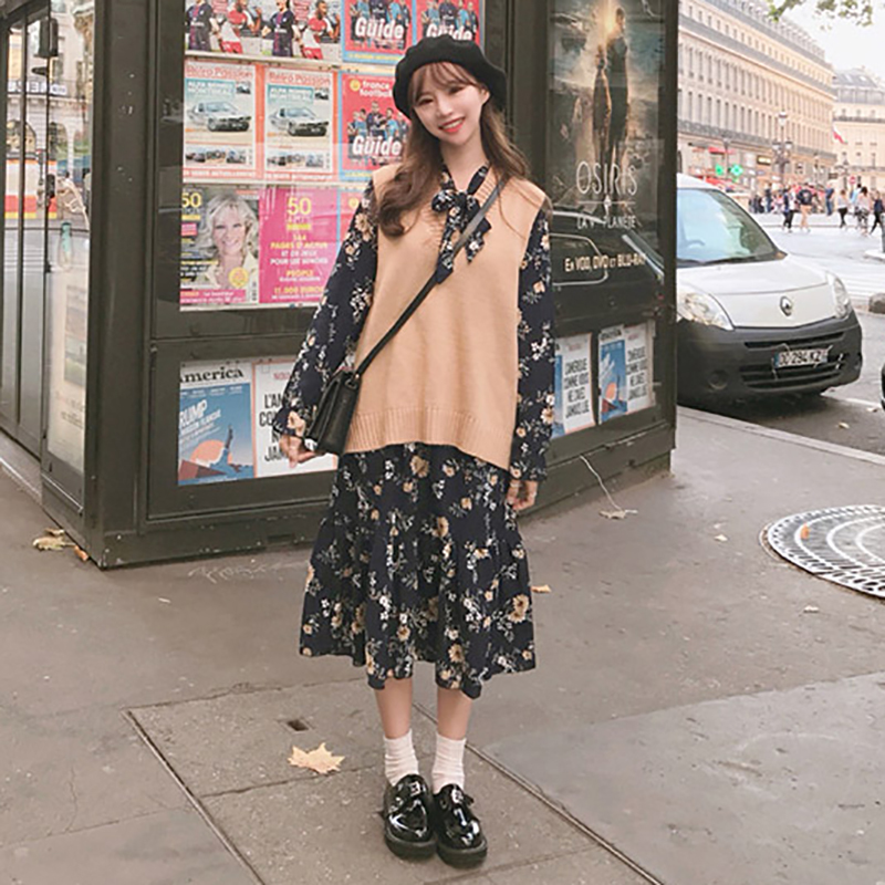 韓国 秋冬 セットアップ シフォン花柄フリルワンピース ニットベスト リボンタイ ガーリー トレンド おしゃれ オルチャン Ai816 70 Bonheur Femme ボヌール ファム