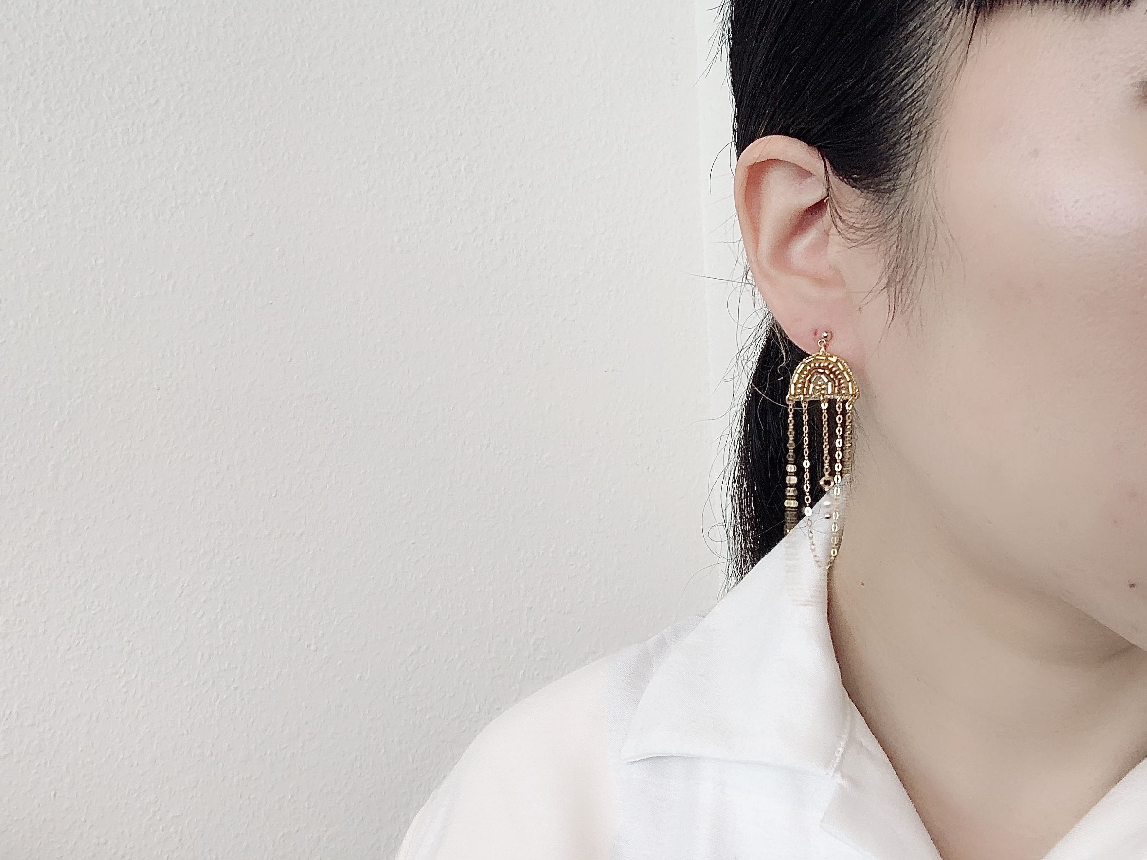 【刺繍ジュエリー】Half moon chain/gold *注文時にピアスorイヤリングお選びいただけます