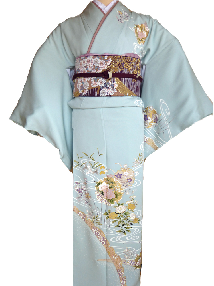 訪問着レンタル■薄萌黄色地に雪輪と流水そして桔梗や菊の花柄■正絹フリーサイズhu6〔往復送料無料〕 - 画像2
