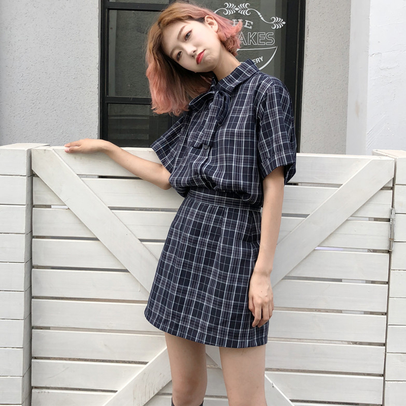 送料無料 チェック柄セットアップ ブラウス 半袖 シャツ ミニ